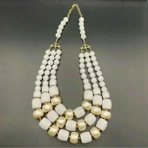 VGT Chunky Triple Strand White & Gold Beaded Statement Necklace